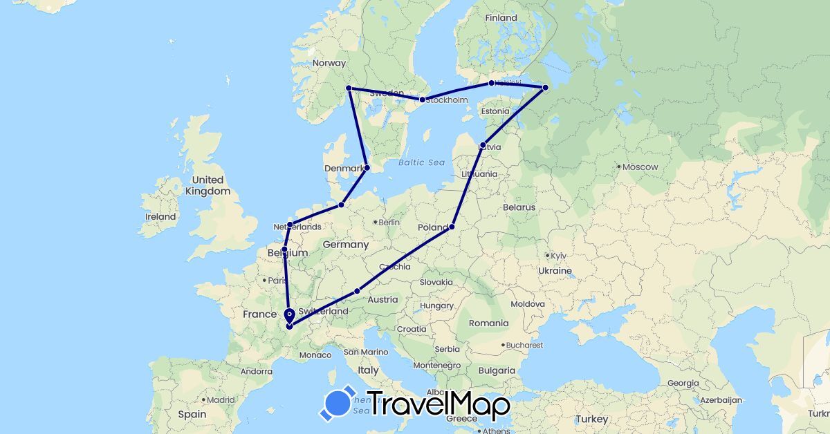 TravelMap itinerary: driving in Belgium, Germany, Denmark, Finland, France, Latvia, Netherlands, Norway, Poland, Russia, Sweden (Europe)